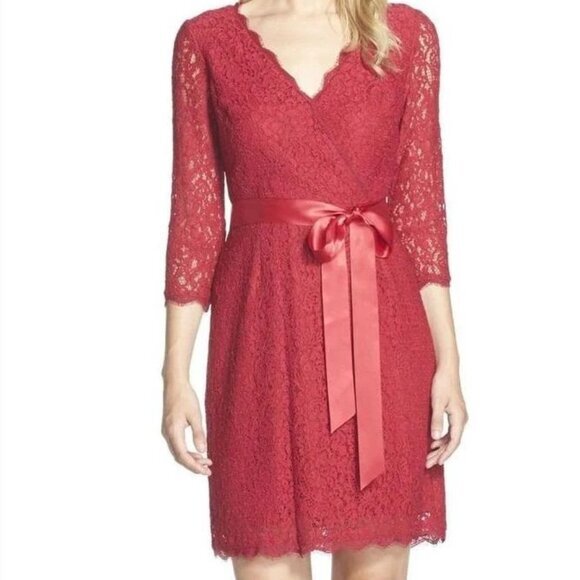 "NWT"Adrianna Papell -Quarter Length Sleeves Lace Short Red Dress 41910400- US 4 - Picture 1 of 13